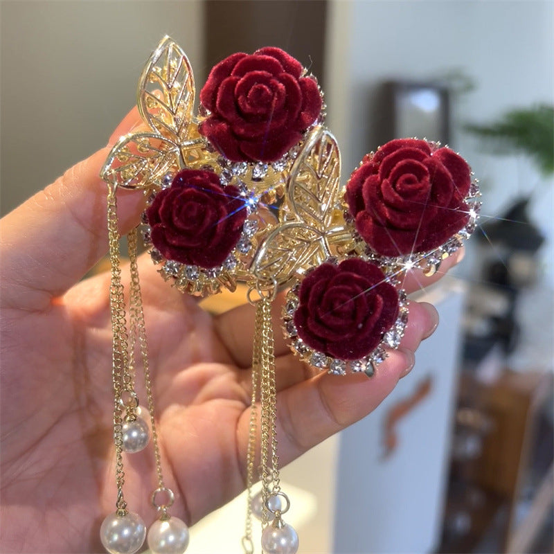 Red Flocked Rose Grab Clip