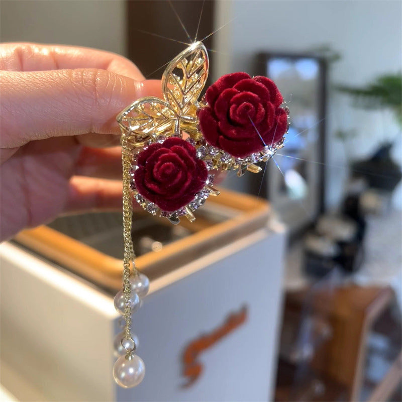 Red Flocked Rose Grab Clip