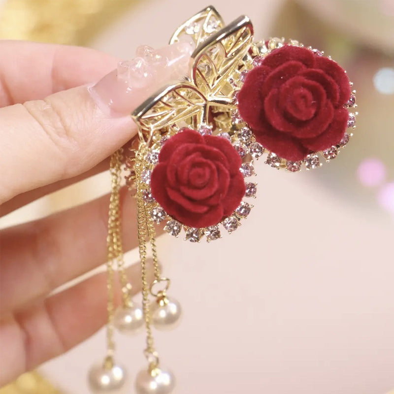 Red Flocked Rose Grab Clip