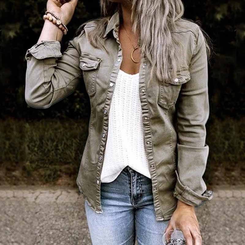 Solid Color Lapel Neck Pleated Denim Jacket