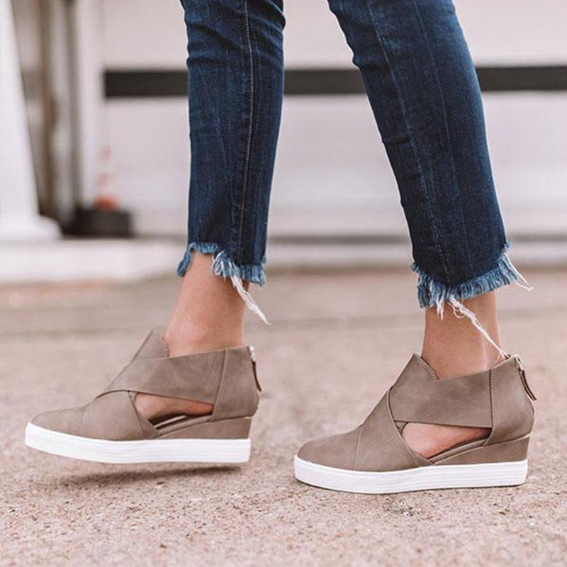 Women's Cut-Out Wedge Sneakers Back Zipper Shoes