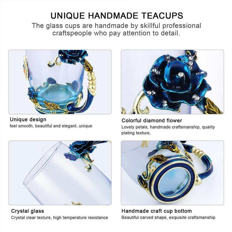 Enamel Rose Glass Tea Cup Set (With Spoon)