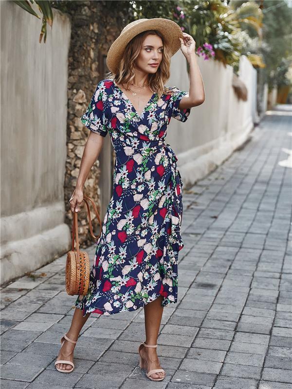 Casual Floral V Neck Short Sleeve Asymmetrical Long Dress