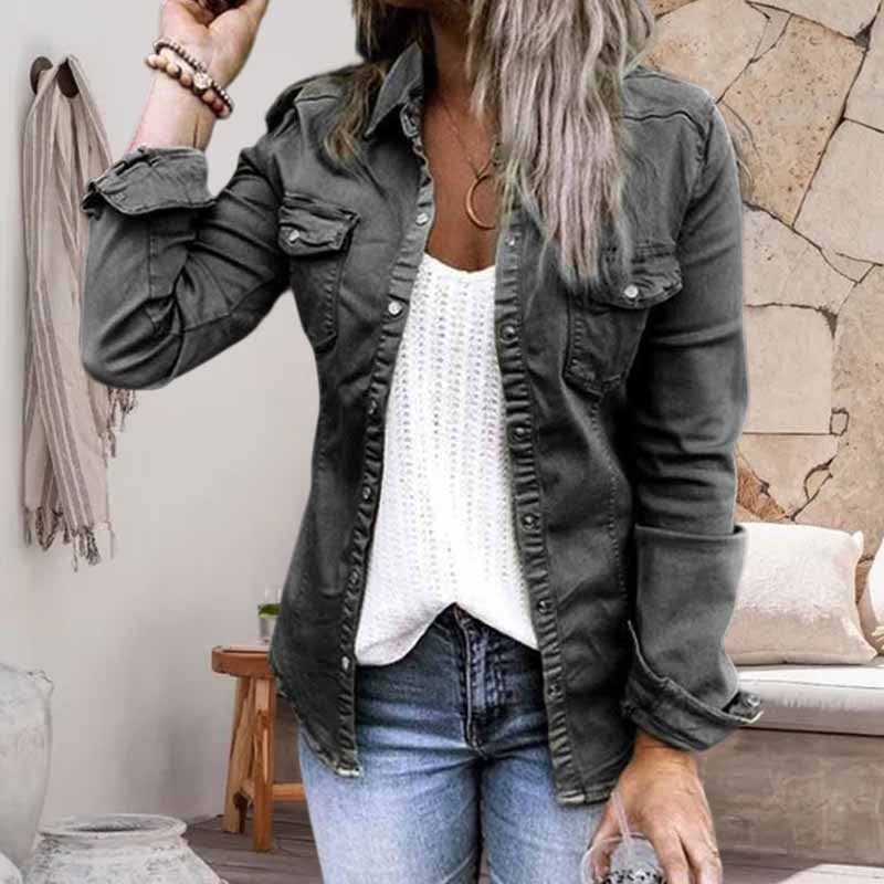 Solid Color Lapel Neck Pleated Denim Jacket