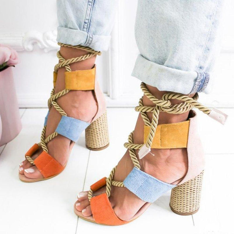 Multi-color Lace-up Heeled Sandals