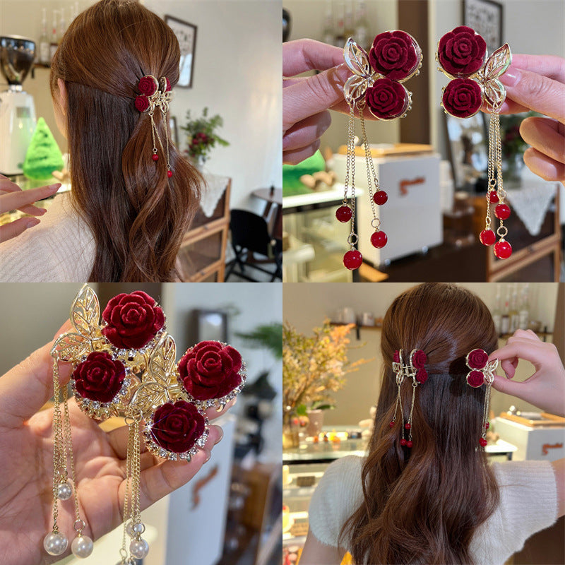 Red Flocked Rose Grab Clip